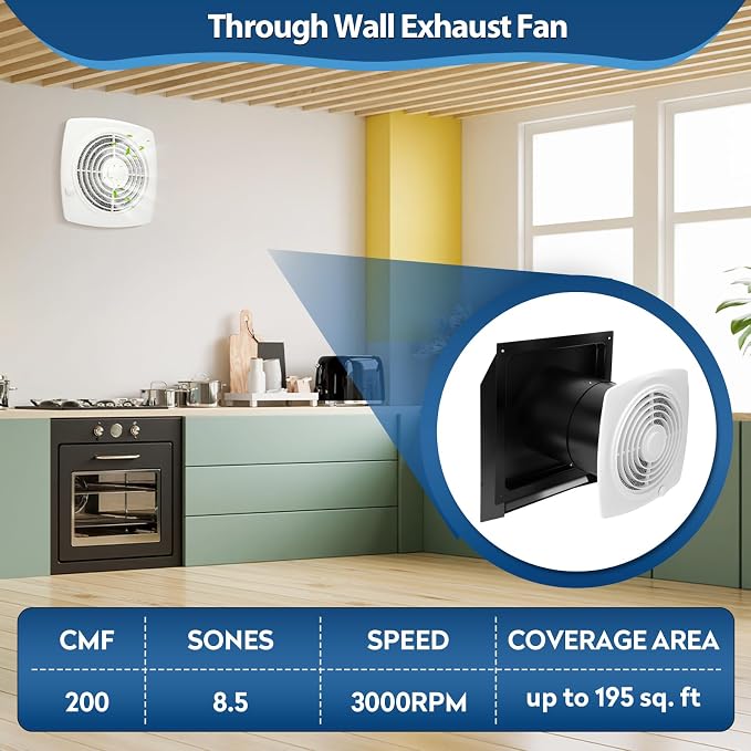 509S Through Wall Exhaust Fan, Kitchen Wall Exhaust Fan, Through Wall Vent Fan with On/Off Switch, 200 CFM High Airflow, White Cover, Aluminum Filter, 8.5 Sones, 8 Inch, Fits Walls 5” to 10” Thick