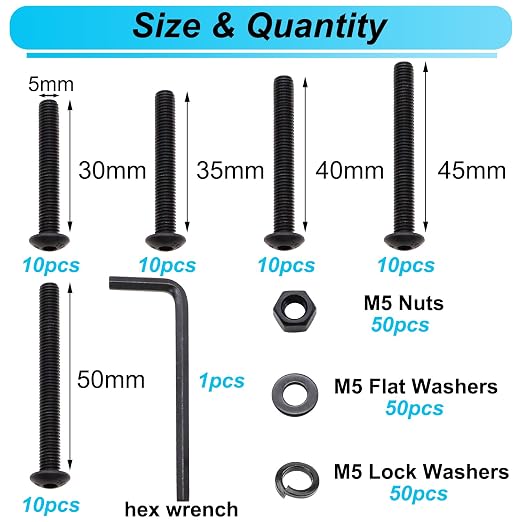 200PCS Black M5 Button Head Hex Socket Cap Screws, M5 x 30/35/40/45/50mm Metric Screws Bolts Nuts Washers Assortment Kit, 10.9 Grade Alloy Steel
