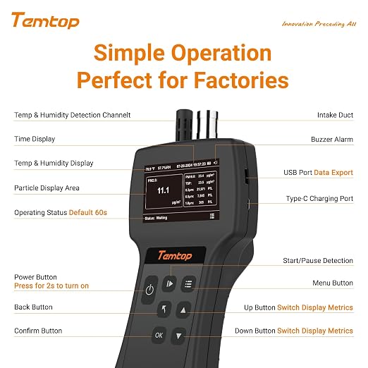 Temtop Handheld Particle Counter 0.3µm, 0.5µm, 1.0µm Particulate Monitor PM2.5, PM10, TSP, Temp & Humidity Detector