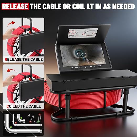 Sewer Camera Self-Leveling,100FT/30M Pipe Drain Inspection Camera with 7" 1080P HD Screen, Snake Plumbing Cameras with 9 LED Lights, IP68, 32GB Card, DVR Recording, for Duct Sewer Line Pipe Inspection