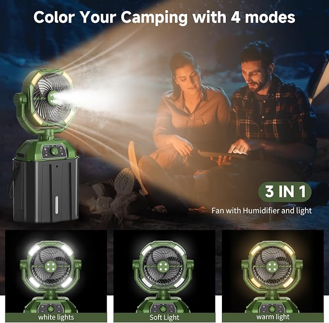 Portable Misting Fan Rechargeable for Hot Weather - 9-inch Auto Swivel Camping Fan with 25000mAh USB Battery as Power Bank, Outdoor fan with 4 Mist Cooler, 7L Bucket for Patio,Yard,Beach,Golf (Green)