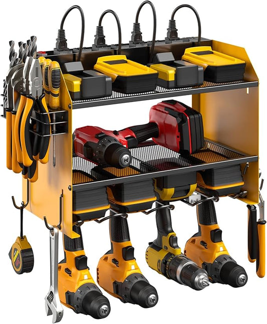 CCCEI Wall Mount Modular Tool Charging Organizer, Yellow, 1 Pack, 3 Tier. | Drill Battery Storage Rack with Hooks, Garage Workshop, Gifts for Men, Dad, Husband Anniversary, Birthday, Christmas