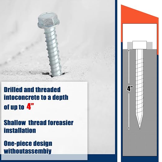 Tandefio 100 Pack 1/2" x 4" Concrete Screw Anchors Galvanized Large Diameter Heavy Duty Plated Concrete Anchors for Masonry Brick Anchoring Block Decking Framing Hex Drive