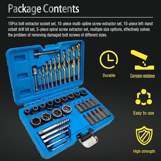 40PCS Bolt Screw Extractor Set, Easy Out Bolt Remover Adaptor Kit with Hex Adapter, Knockout Pin, Left Hand Cobalt Drill Bit, Bolt Extractor Removal Tool for Damaged, Studs, Rusted, Screw