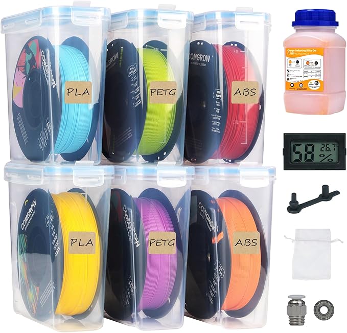 Comgrow 3D Printer Filament Storage Box, 6PCS DIY Filament Container for 3D Printing Sealing and Protection, Portable Storage Box with Desiccants Thermo-Hygrometer and Bearings 4.0L(9.45 * 8 * 3in)