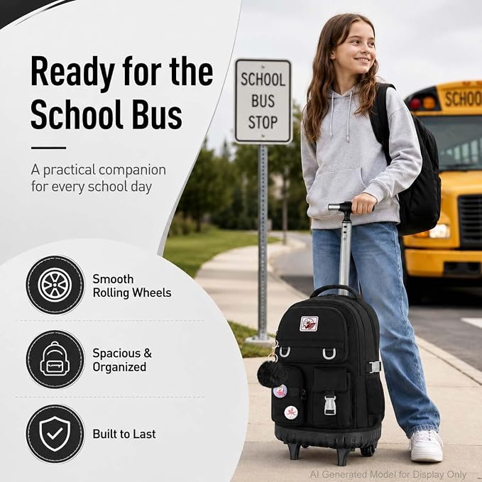 CCJPX Rolling Backpack for Girls Women, 21 inch Roller Wheels School Bookbag, Wheeled Suitcase Backpacks with Lunch Bag for Teen - Black