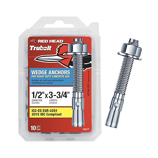 Red Head TruBolt 1/2 x 3-3/4" Heavy-Duty Wedge Concrete Anchors, 10 PCS