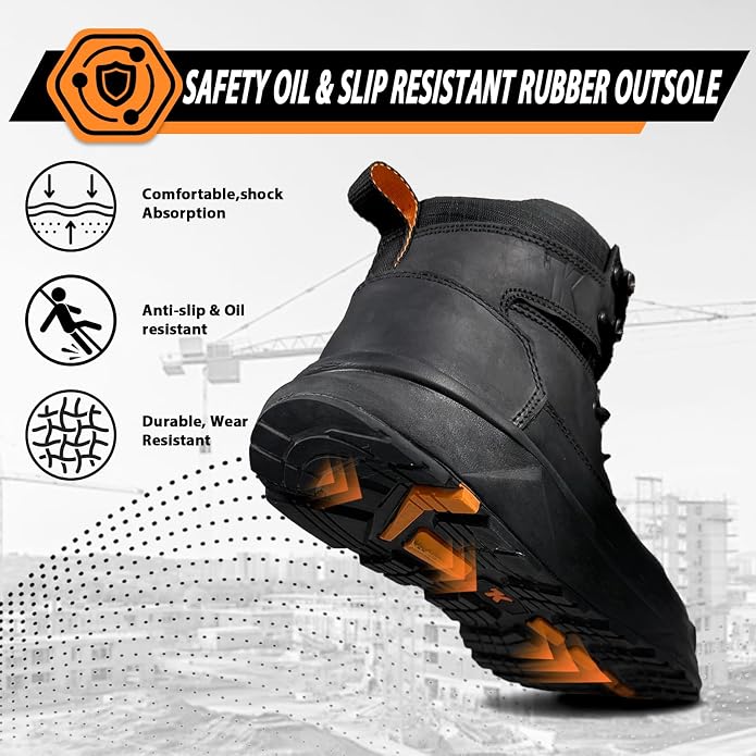 Men Work Boots 6 Inch Lightweight - ESD Shoes, Aluminum Alloy Toe and Puncture Proof ASTM 2413, Oil and Slip Resistant, Premium Water Resistant Genuine Leather Industrial Safety Boot