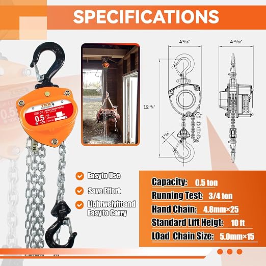 TKK 1/2 Ton Chain Hoist - 1100lbs Capacity, 10FT Manual Hand Chain Block with Heavy-Duty Hooks and Industrial-Grade Structures for Garages, Warehouses, Automotive, and Machinery Lifting