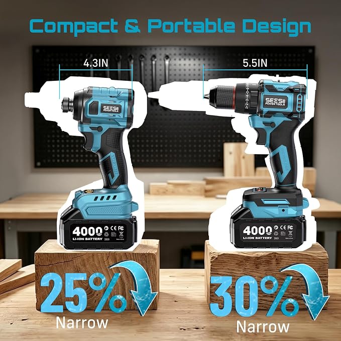 SEESII 21V Max Cordless Drill and Impact Driver, Power Tool Combo Kit Included 3/8'' Drill & 1/4'' Impact Driver, 2x 4000mAh Battery, Fast Charger, 20 pcs Driver Bit Set & Bag