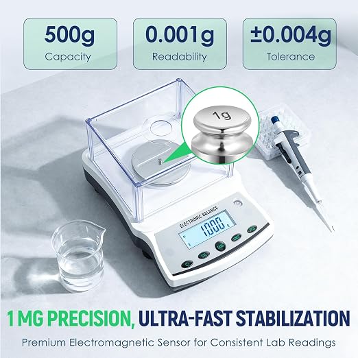Antstone Lab Scale 500g x 0.001g Accuracy Digital Scientific 1mg Scale Laboratory Precision Analytical Balance with Windshield 001 Gram Readability Digital Jewelry Weighing Scale with 200g Weight