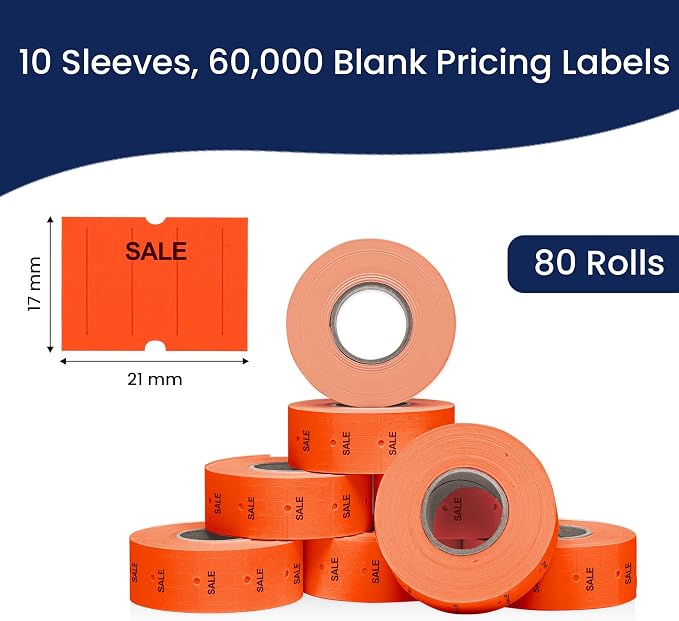 Perco 2 Line Fluorescent Red Sale Labels - 60,000 Blank Price and Date Gun Labels for Perco 2 Line Price and Date Guns - 80 Rolls, 10 Sleeves - Made in USA