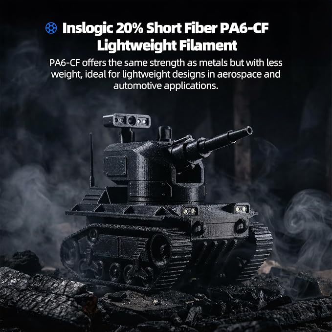 Inslogic PA6-CF20 Carbon Fiber Nylon Filament 1.75mm Black 0.5kg Spool, 20% Carbon Fiber Reinforced PA6 Filament, Low Warp & Wear Resistant for Functional Parts & Industrial Tools