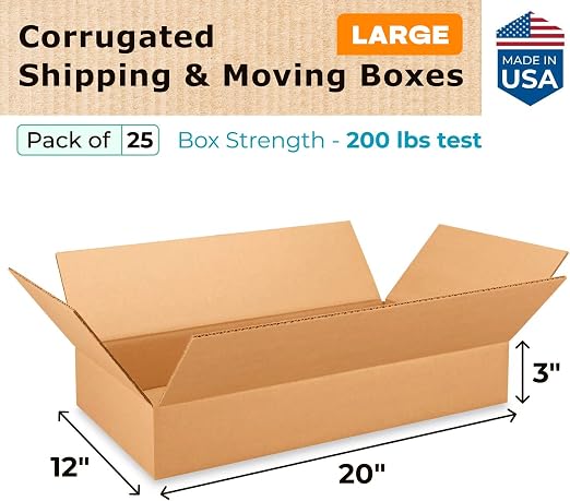 Large Shipping & Moving Boxes 20"L x 12"W x 3"H (25-Pack) - Extra Strength 200 lb vs Regular - USA-Made Corrugated Packing Boxes for Moving - Heavy-Duty Shipping Box Large by IDL Packaging -