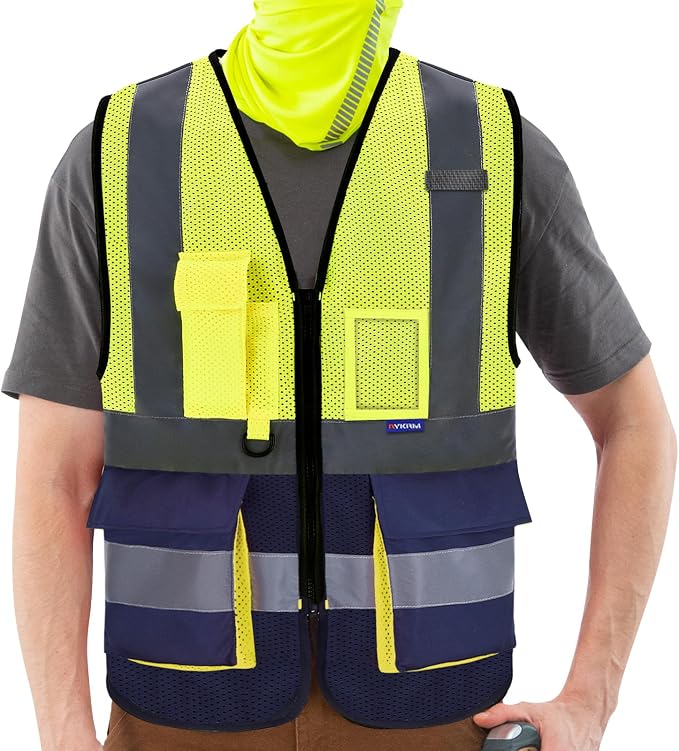 A-SAFETY Hi-Vis Mesh Vest, Breathable, Black Front Zipper, Yellow/Navy, XS | Yellow/Navy XS mesh vest with clear PVC ID holder, mic tabs and high-visibility reflective strips for site supervision.