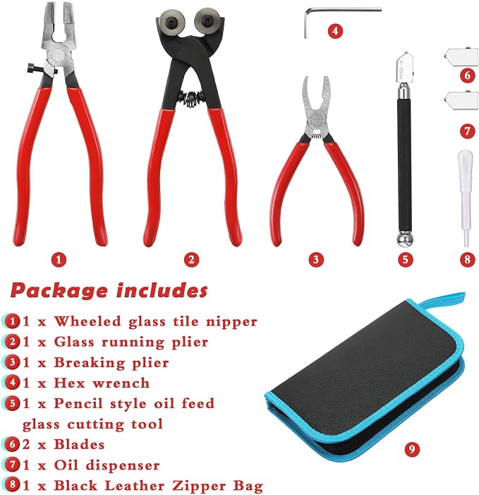 8 Pieces Glass Mosaic Cutter Kits, Including Wheeled Glass Tile Nipper, Glass Running Plier, Breaking Plier, Hex Wrench and Pencil Style Oil Feed Glass Cutting Tool, 2 Blades and Oil Dispenser