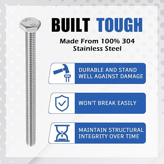 Zonon 50 Pcs 3/8-16 x 3 Hex Head Screw Bolt 18-8 (304) Stainless Steel Hexagon Bolts, Fully Threaded, Plain Finish, External Hex Drive (Silver)