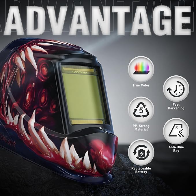YESWELDER Large View Auto Darkening Welding Helmet, Blue Light Blocking, 1/1/1/1 True Color Solar Powered Welder Hood Mask with 4 Arc Sensors, Wide Shade 3/5-9/9-13 for TIG MIG ARC CUT and GRIND