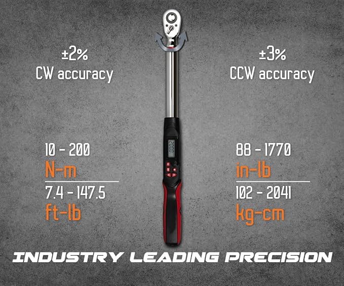 Tapha Tools 1/2 inch Digital Torque Wrench 7.4-147.5 ft-lbs (10-200 N-m) Torque Range ±2% Accuracy, LED and Buzzer Notification, Preset Memory, ISO 6789 Tested and Calibrated