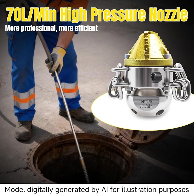 3/8 NPT Sewer Jetter Rotating Nozzle Root, 70L/Min High Pressure Cleaning Tool (with Detachable Chain), 360° Rotating, Suitable for Home Drains, Commercial Pipes, Industrial Pipes