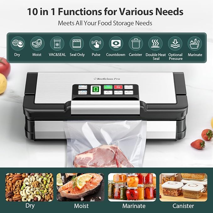 95kPa Vacuum Sealer Machine with AquaLock Technology, Dual-Pump Automatic Food Sealer for Dry & Moist Foods, Double Heat Seal, Built-in Cutter, Bag Storage & Accessory Hose,2 Bag Rolls,Stainless Steel