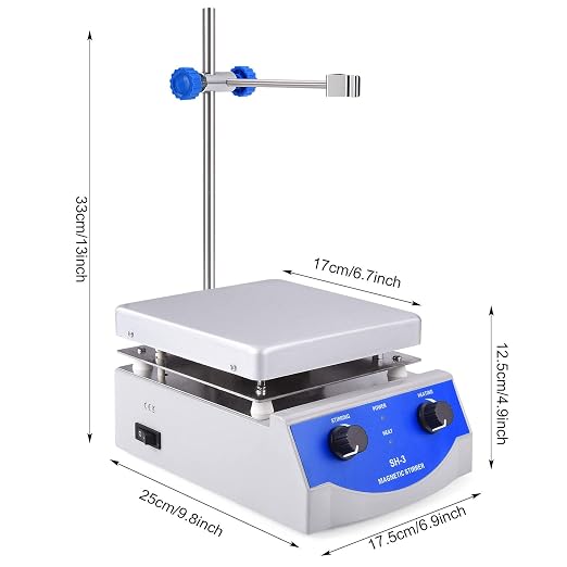 Slendor Magnetic Stirrer Hot Plate Mixer 3000ml Stirring Capacity 6.7 x 6.7 inch Max 520°F Hotplate and 100-2000 RPM Stirrer, Stirring Bar & Support Stand Included