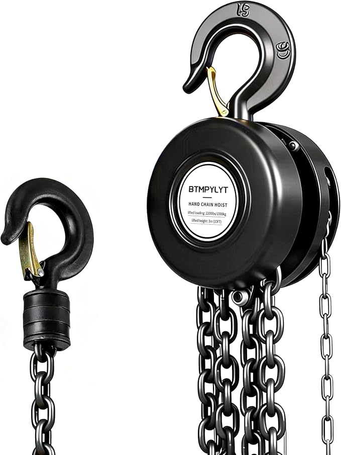 1 Ton Manual Chain Hoist, 10ft Lift Height, 2200 Lbs Capacity with Heavy Duty Hooks, Black Hand Chain Block for Warehouse, Garage, Workshop