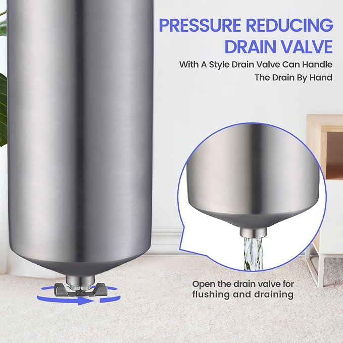 NSF/ANSI 42 Stainless Steel Whole House Water Filter Housing, 10" x 2.5" Sediment Water Filter System for Heavy Duty, Well & City Water, 1/2" NPT Port, Drain Valve Style A(Wing)