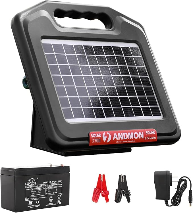 ANDMON S700 35 Miles Solar Fence Charger, 0.76 Joule Solar Electric Fence Charger for Livestock, Horses, Cattle Sheep, Solar Powered Electric Fence with Dual Input, Easy Installation