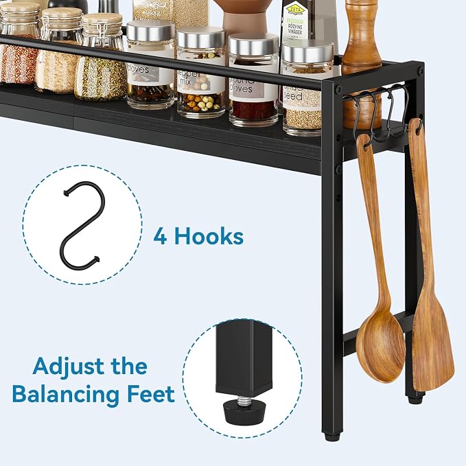 YMYNY 32.5" Spice Rack Over Stove Kitchen Organizer Black UHSR008B | With 4 hooks & side basket, this shelf adds extra countertop storage for spices, utensils, oil bottles and kitchen essentials