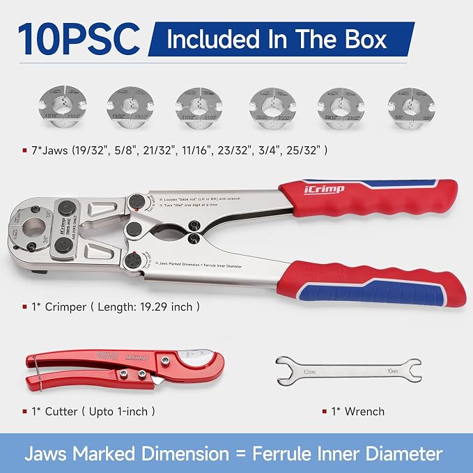iCrimp Heavy Duty Air Hose Crimper Kit for 19/32" to 25/32" ID Ferrules with 7 Interchangeable Jaws & Cutter- Repair Tool for Rubber, Air&Torch Hoses