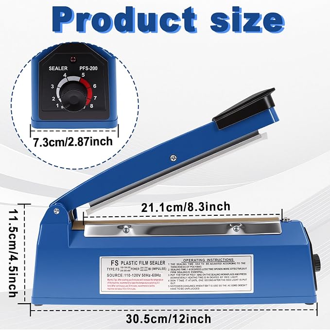 8 Inch Impulse Sealer, Manual Heat Sealer Machine for Mylar Bags, Shrink Wrap Bag Sealers Sealing Machine for Plastic PE PP Bags with 3 Free Replacements Kit Element Grip, Blue