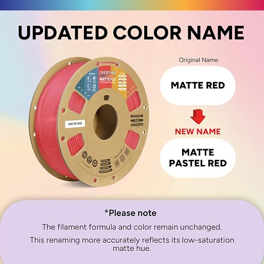 OVERTURE Matte PLA 1.75mm, Low Warp & Smooth Finish 3D Printer Filament | Frosted Matt Finish Hides Layer Lines, 1kg Spool (2.2lbs) Cardboard Spool, Fit Most FDM Printer (Matte Pastel Red)