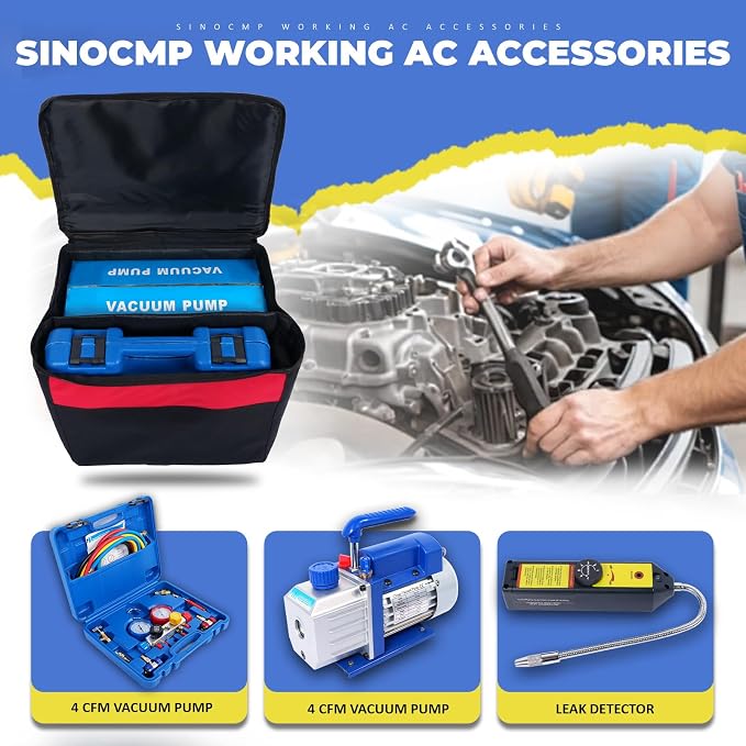 4-Way Valve AC Manifold Gauge Set Kit, 4CFM Single Stage 110V 1/3 HP HVAC Vacuum Pump with Leak Detector for R134a R410a R12 R22 Air Conditioning Refrigeration Recharging