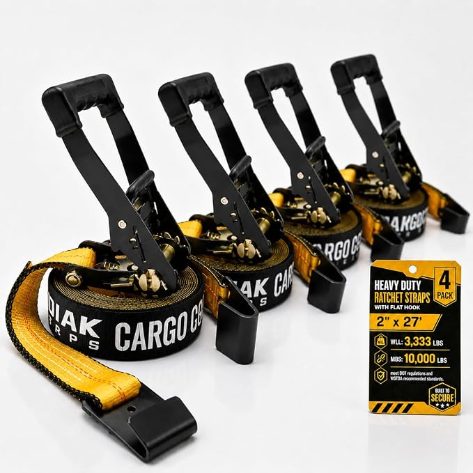 4 Pack Heavy Duty 2" x 27' Ratchet Tie Down Straps with Flat Hooks - 10,000 LBS Break Strength for Truck & Trailer Cargo Control KODIAK STRAPS