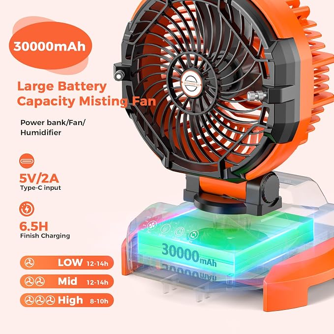 Portable Misting Fan with 25L Bucket, Rechargeable Battery Powered Floor Cooling Fan with 4 Strong Winds, 4 Spray Mister, Adjustable Base for 10-13in Bucket for Camping, Beach, Patio-Orange