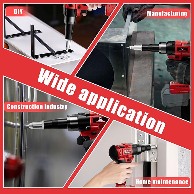 Cerycose Rivet Gun Compatible with Milwaukee 18V Battery, Cordless Rivet Tool with 3 Size (1/8", 5/32", 3/16") Aluminum Rivets, Brushless Motor Rivet Gun Kit Nose Piece, Led Light, Tool Only