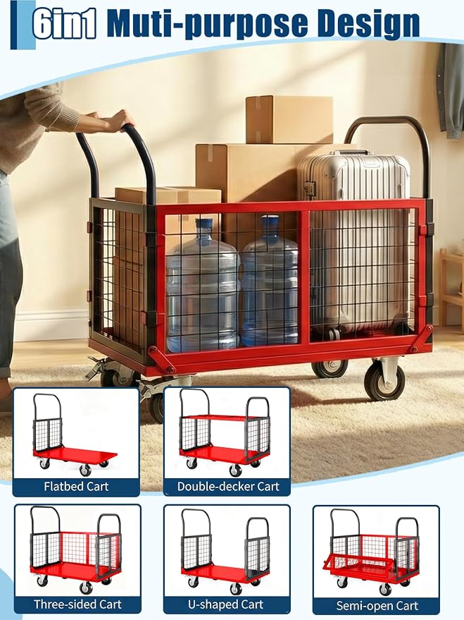 6-in-1 Collapsible Platform Truck Cart – Heavy Duty 1800lbs Capacity – Cage Design – 4 Caster Wheels (2 Locking) – Versatile Flatbed Hand Truck for Warehouse, Garage, Laundry, Grocery