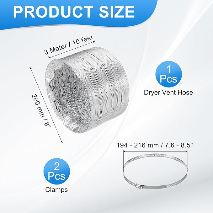 PATIKIL 10 Feet Dryer Vent Hose, 8 Inch Diameter Flexible Aluminum Ducting Flex Air Ducting Dryer Vent 2 Clamps Included for Heating Ventilation Air Conditioning, Silver