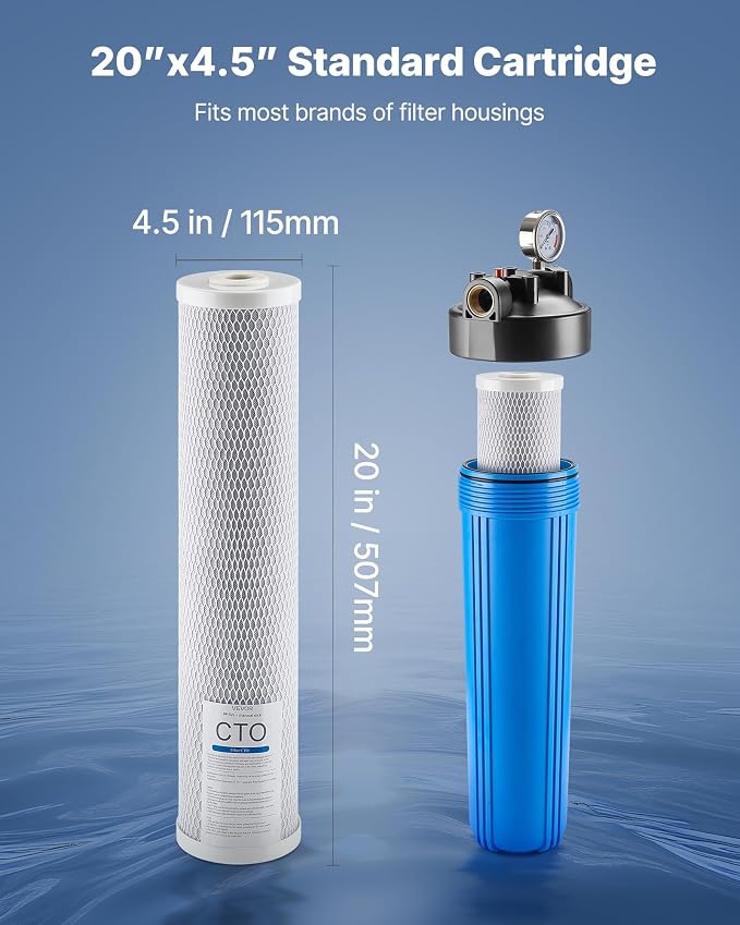 VEVOR CTO Whole House Water Filter, 20 x 4.5 Inch Universal Fit, Activated Carbon Block Cartridge Replacement, 5 Micron Coconut Shell Charcoal Filters, Reduces Chlorine, Taste & Odor, 2 Pack