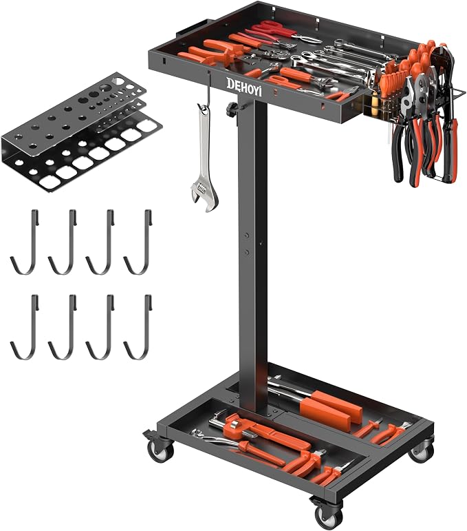 DEHOYI Adjustable Height Metal Tool Cart with Wheels, Heavy Duty Rolling Mechanic Tool Tray for Garage, Workshop (Black)