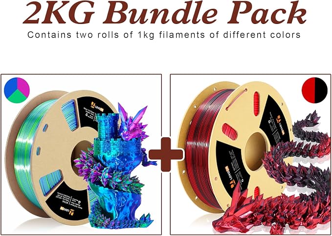 LOVOON Silk PLA Filament 1.75mm, 2KG Bundle 3D Printer Filament, 3D Printing Filament Shiny Change by Angle, Tri Color Blue/Green/Red and Dual Color Black/Red, 1KG X 2 Spools
