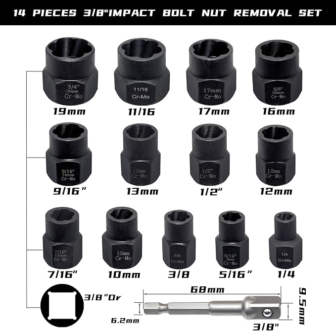 14 Pcs Bolt Nut Extractor Set with Knockout Bar, 3/8" Drive Wheel Lock Removal Kit for Extracting Damaged, Stripped Frozen Nuts & Screws Twist Socket Set, Impact Lug Nut Remover Socket Tool