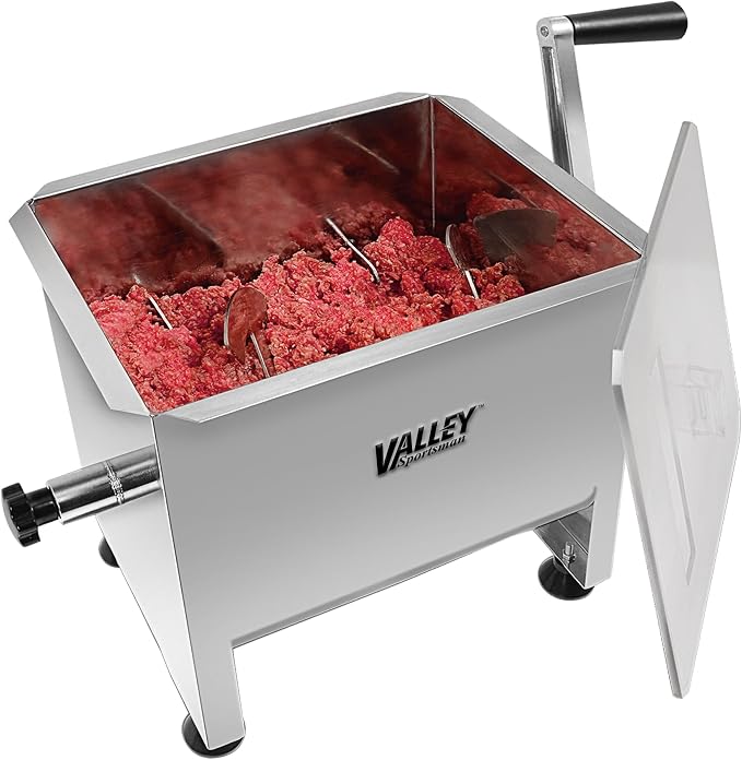 Valley Sportsman Meat Mixer, 4.2 Gallons 18 Pound Capacity, Manually Cranked or Motorized Sausage Mixer Machine for Mixing, Stainless Steel, Both Commercial and Household Use