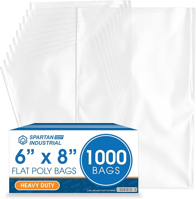 6" X 8" Open-End Flat Poly Bags (1000 Count) - 2 Mil Clear Heat-Sealable Plastic Bags for Packaging, Shipping, Storage - No Adhesive Strip - Spartan Industrial