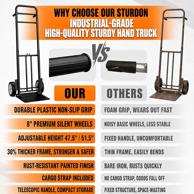 Folding Hand Truck Dolly Cart, 800 lb Capacity, Compact Foldable | Alloy Steel Frame, 47.5-51.5 Inch Handle, Heavy-Duty 8 Inch Solid Rubber Wheels, for Moving, Warehouse and Home Office Use