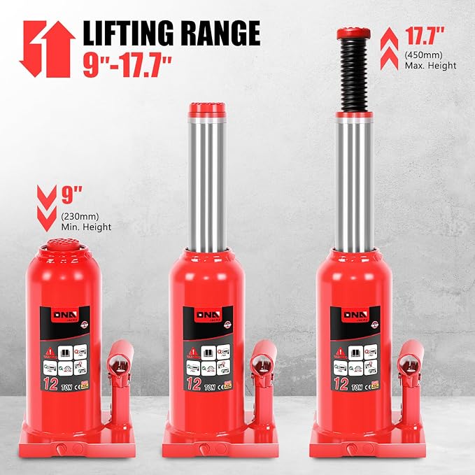 DNA Motoring 12 tons / 24000 lbs Lifting Automotive Welded Hydraulic Bottle Jack for Repair Vehicle, Pickup, Truck, w/Manual Handle, Red,TOOLS-00360