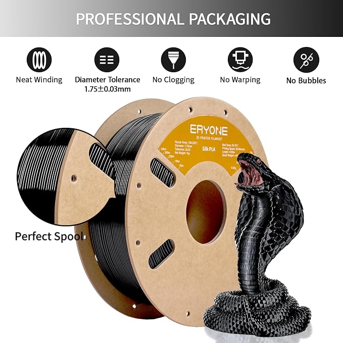 ERYONE Silk PLA Filament for 3D Printer 1.75mm +/- 0.03mm, Shiny Filament 1kg (2.1lbs)/Spool, Black