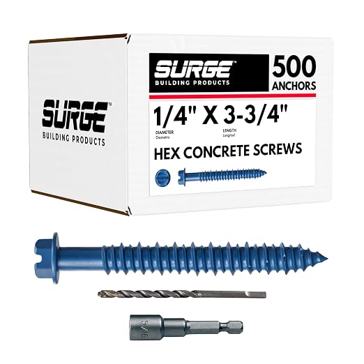 1/4" x 3-3/4" Hex Head Blue Concrete Screw Anchor with Drill Bit & Driver (Box of 500) | Masonry Screws for Concrete, Block, and Brick