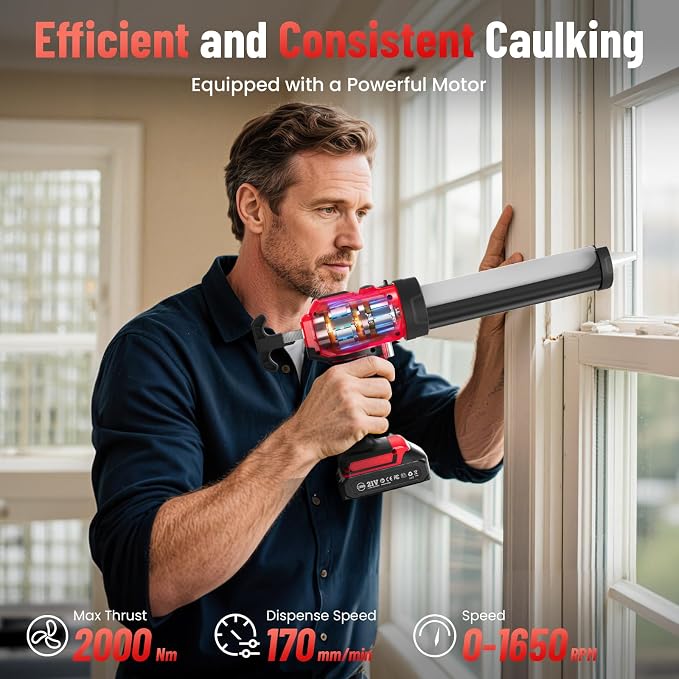 Electric Caulking Gun, Cordless Caulking Gun with 2x 2000mAh Batteries, 9Pcs Silicone Caulking Tools, 4 Adjustable Speeds, LED Light, 10OZ Battery Silicone Gun for Filling, Sealing (Red)